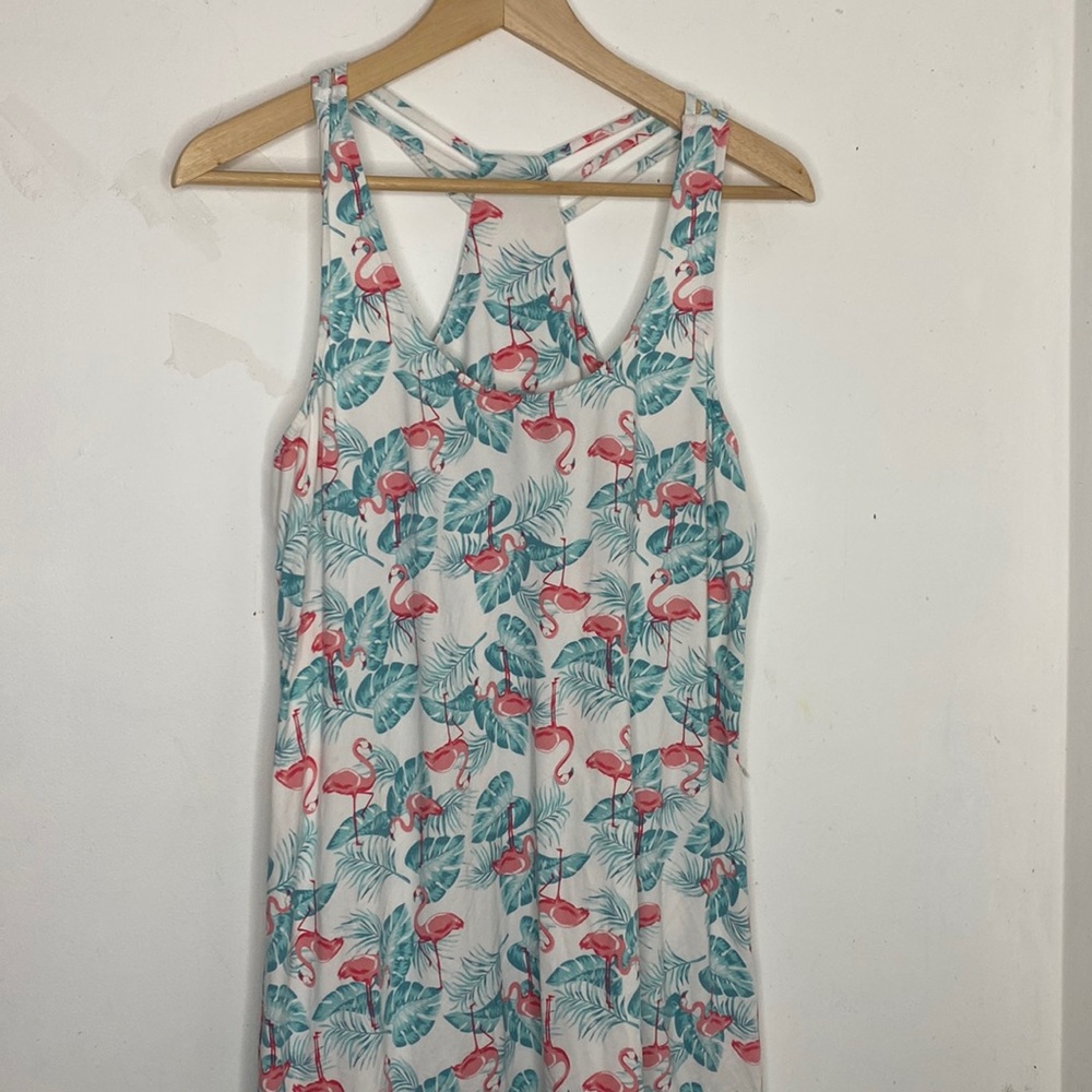 Sleeveless Flamingo Print Midi Dress - White & Coral